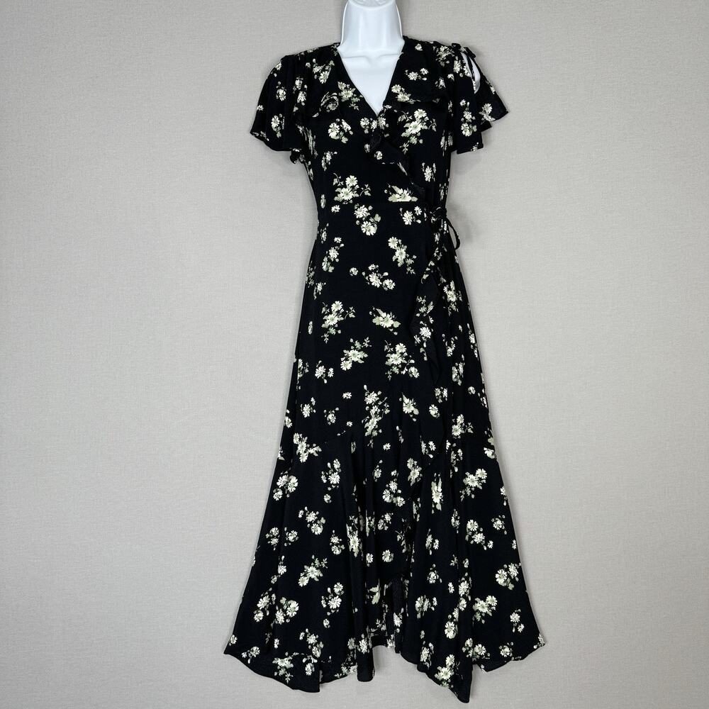 & Other Stories Floral Wrap Maxi Dress Womens 0 Black Prairie Cottagecore Fairy - Picture 1 of 16